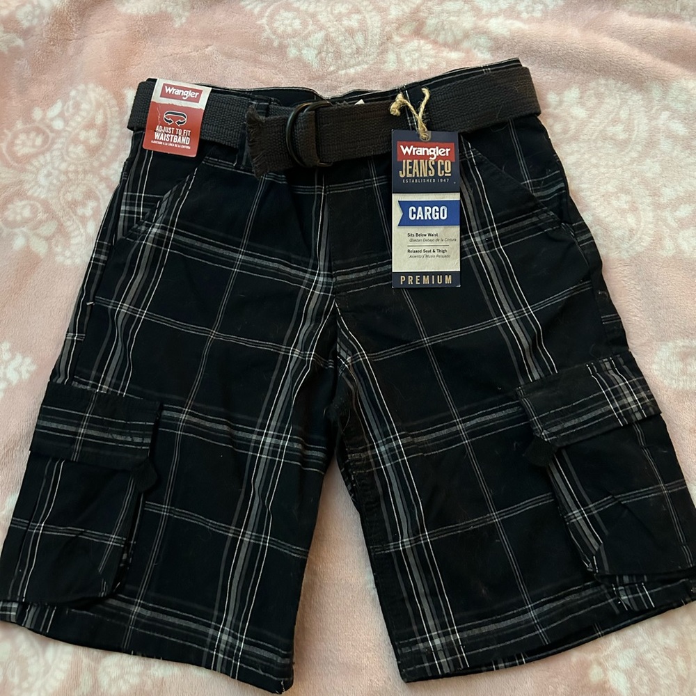 Wrangler boys Black and White Plaid Cargo Shorts